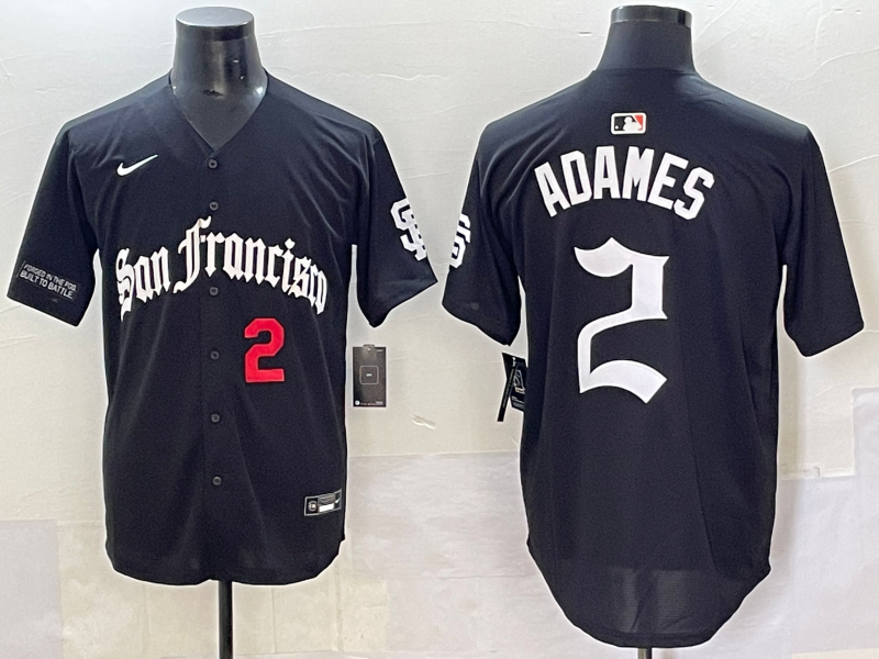 Men 2025 San Francisco Giants 2 Adames Black Five generations Joint Name Nike MLB Jersey style 2